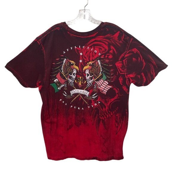 Affliction Black Label 2XL Mens Graphic Tee Red Skull Tribal Design Rhinestones - Picture 2 of 9